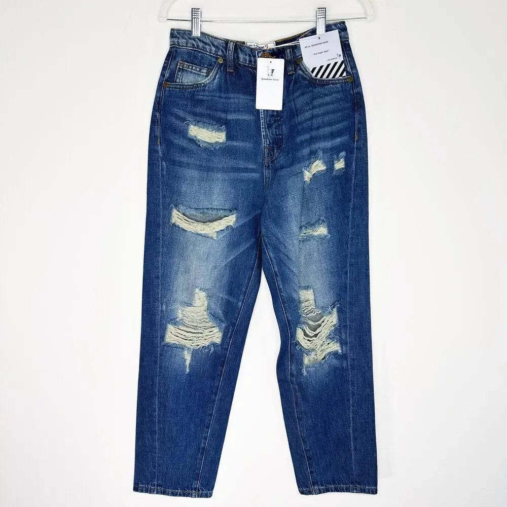 Free People Sandrine Rose R1016 Pleated Ripped Dark Wash Straight Leg Jeans 26 - Picture 13 of 16